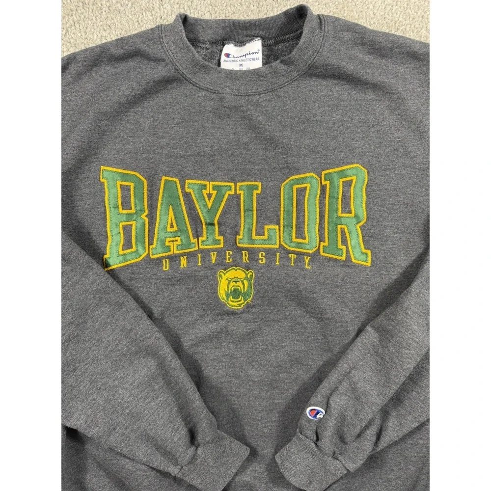 Champion Baylor University Bears Crewneck Sweatshirt Grey Yellow Green Size M